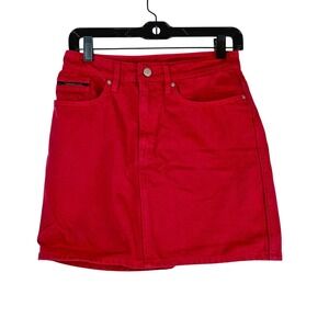 Calvin Klein Jeans Women Size 4 Red Denim Mini Skirt with Pockets'